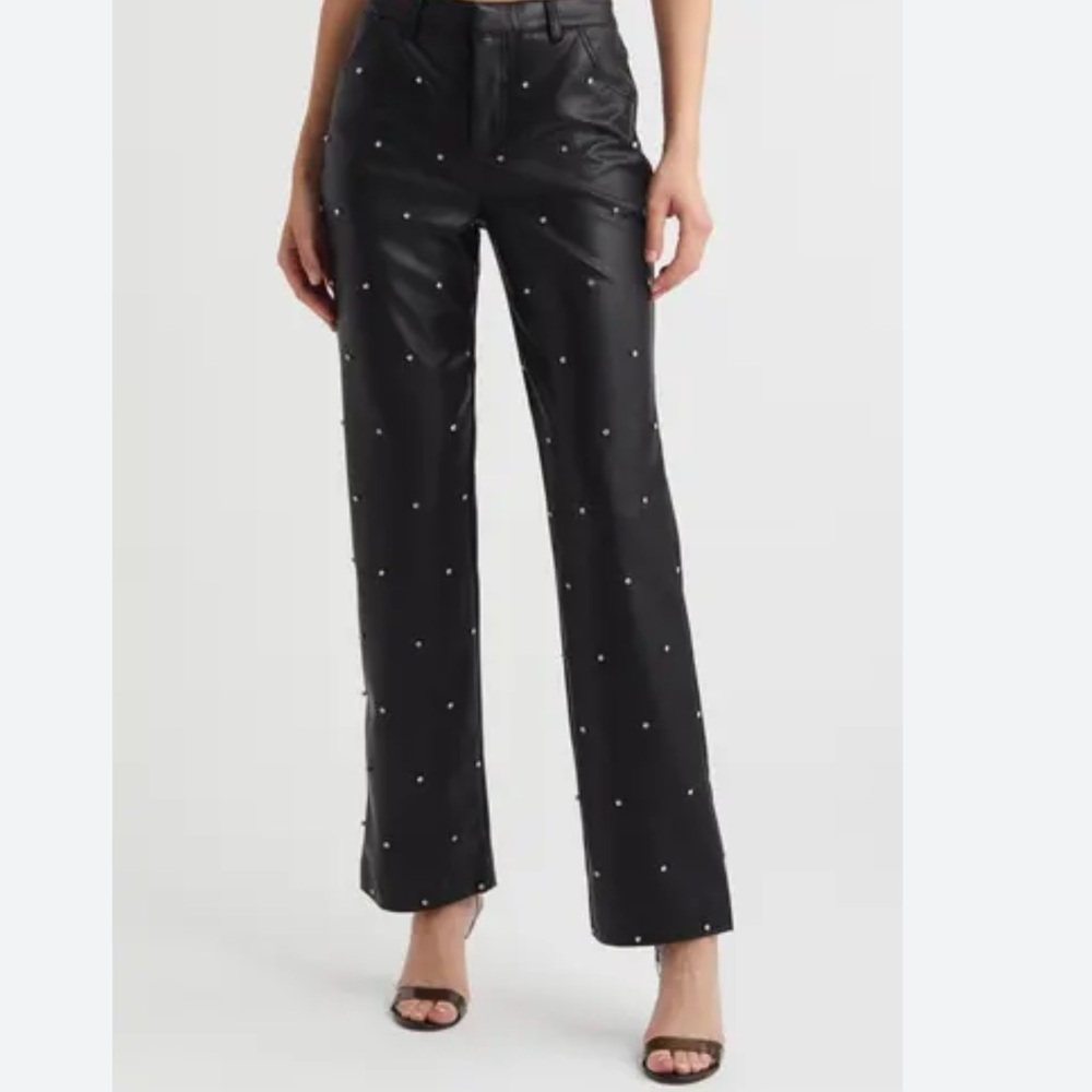 7 For All Mankind Black Leather Rhinestone High Rise Wide Leg Pant Size Small